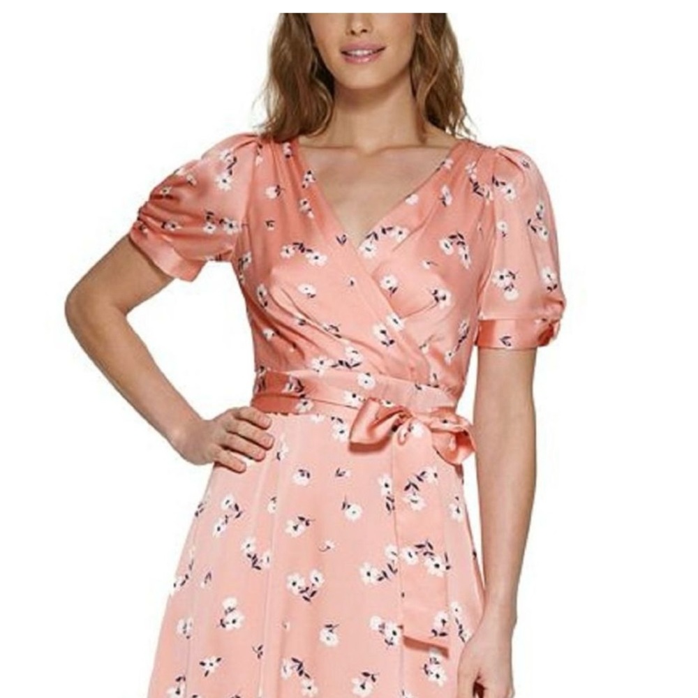 Dkny Peach Floral Wrap Midi Dress with Puff Sleeves